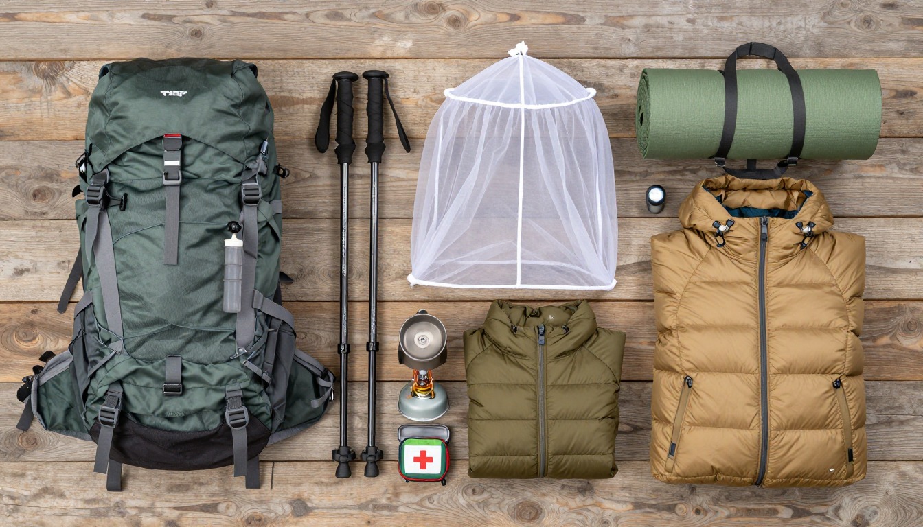 Flat-lay illustration of a complete tarp camping setup kit