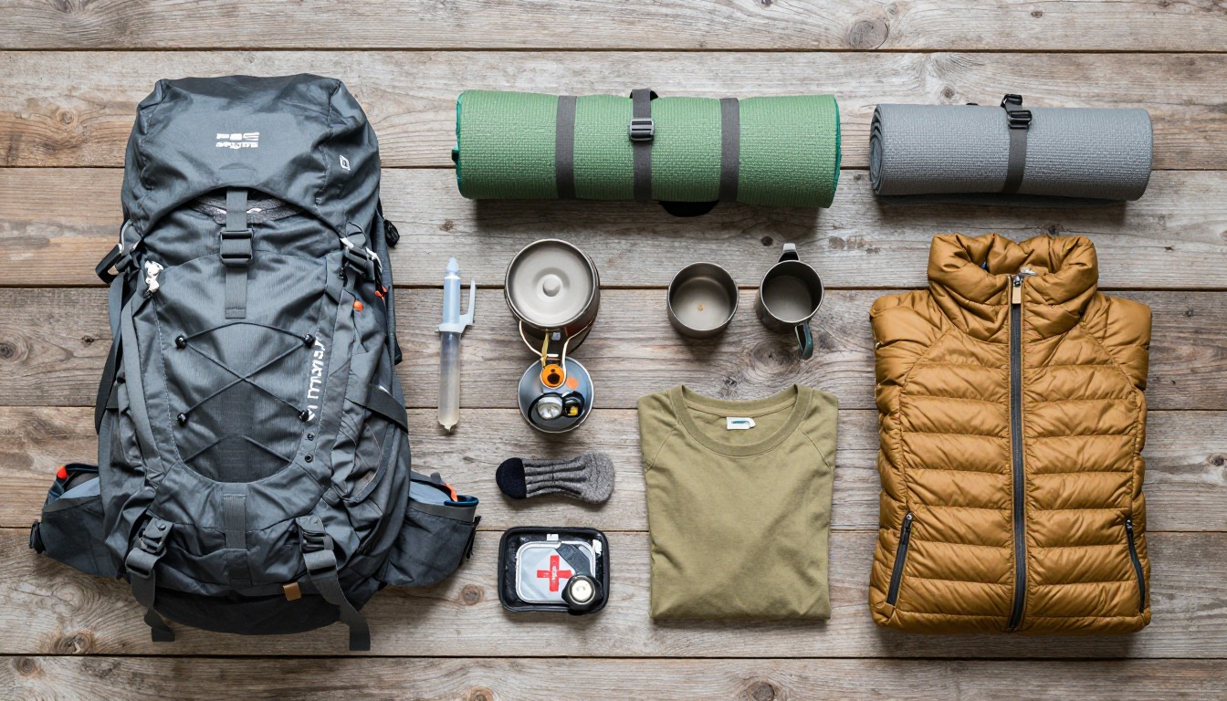 Flat-lay illustration of a complete thru-hike & long-distance setup kit