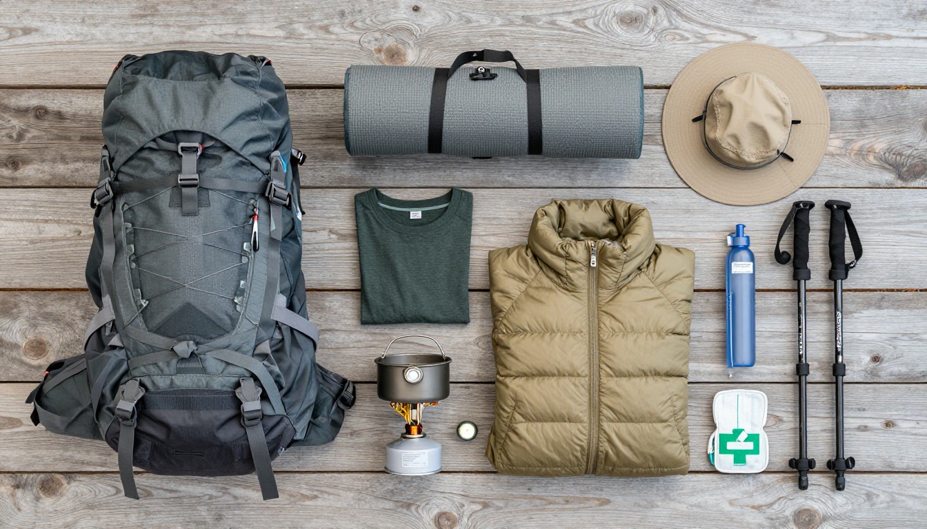 Flat-lay illustration of a complete torres del paine w-trek setup kit