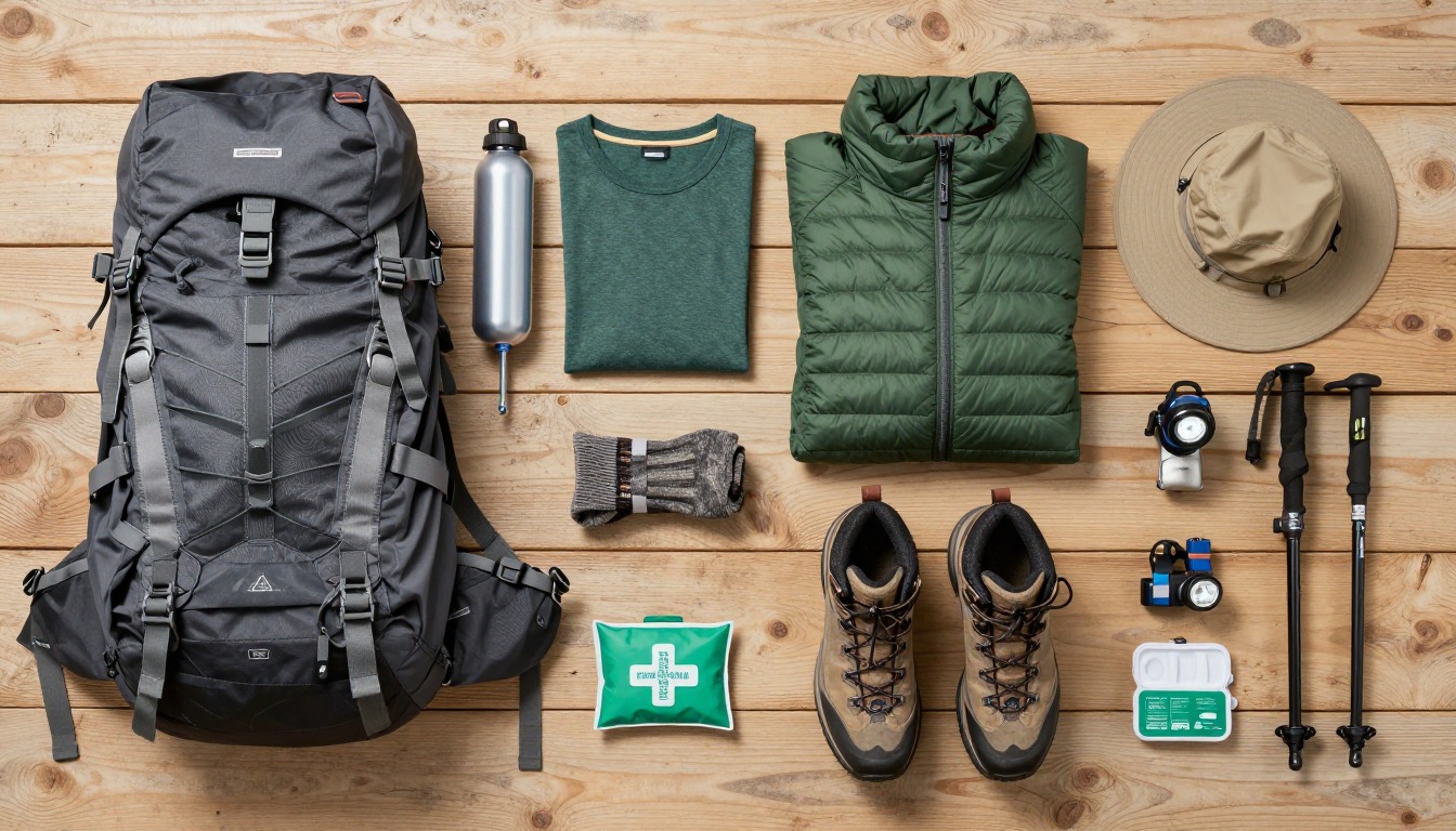 Flat-lay illustration of a complete tour du mont blanc setup kit
