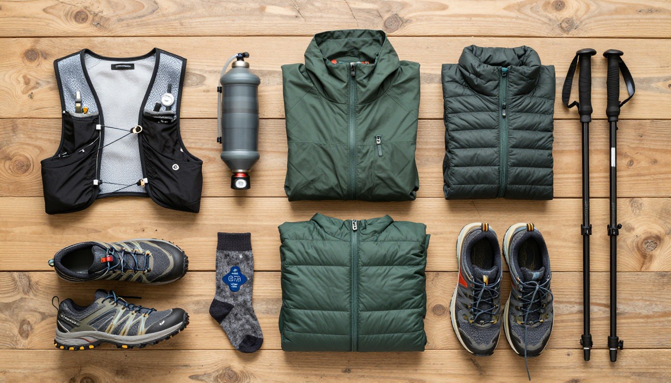 Flat-lay illustration of a complete trail running & ultrarunning setup kit