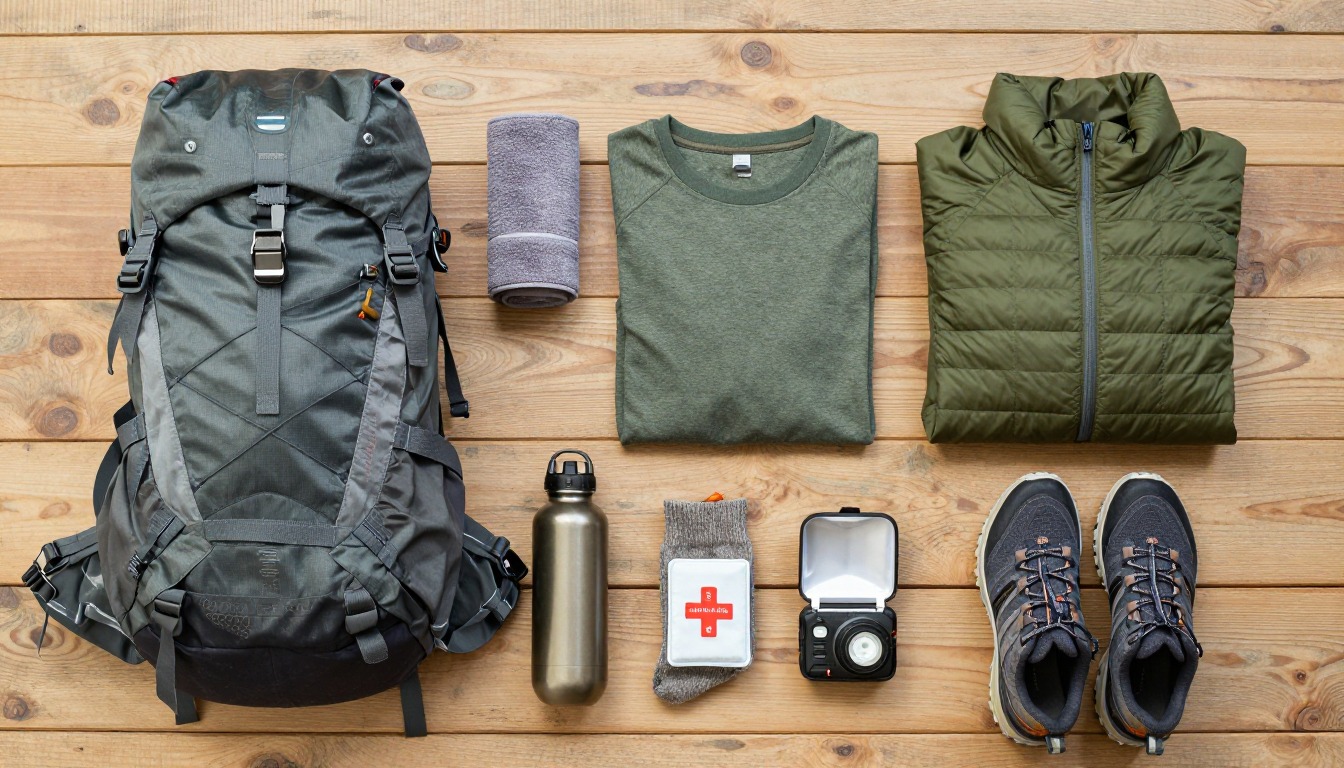 Flat-lay illustration of a complete travel carry-on + hike setup kit