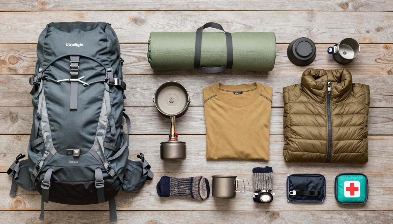 Flat-lay illustration of a complete ultralight backpacking setup kit