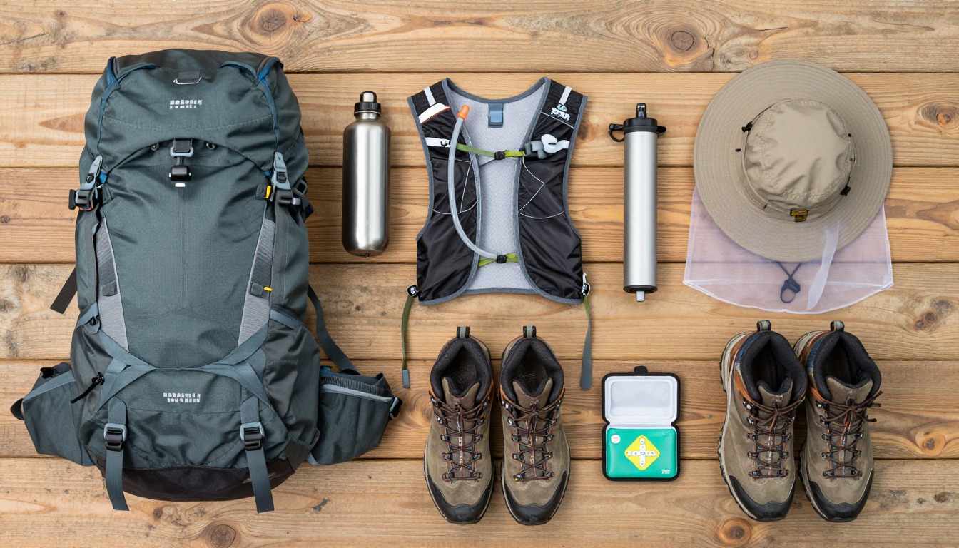 Flat-lay illustration of a complete volunteer trail-work day setup kit