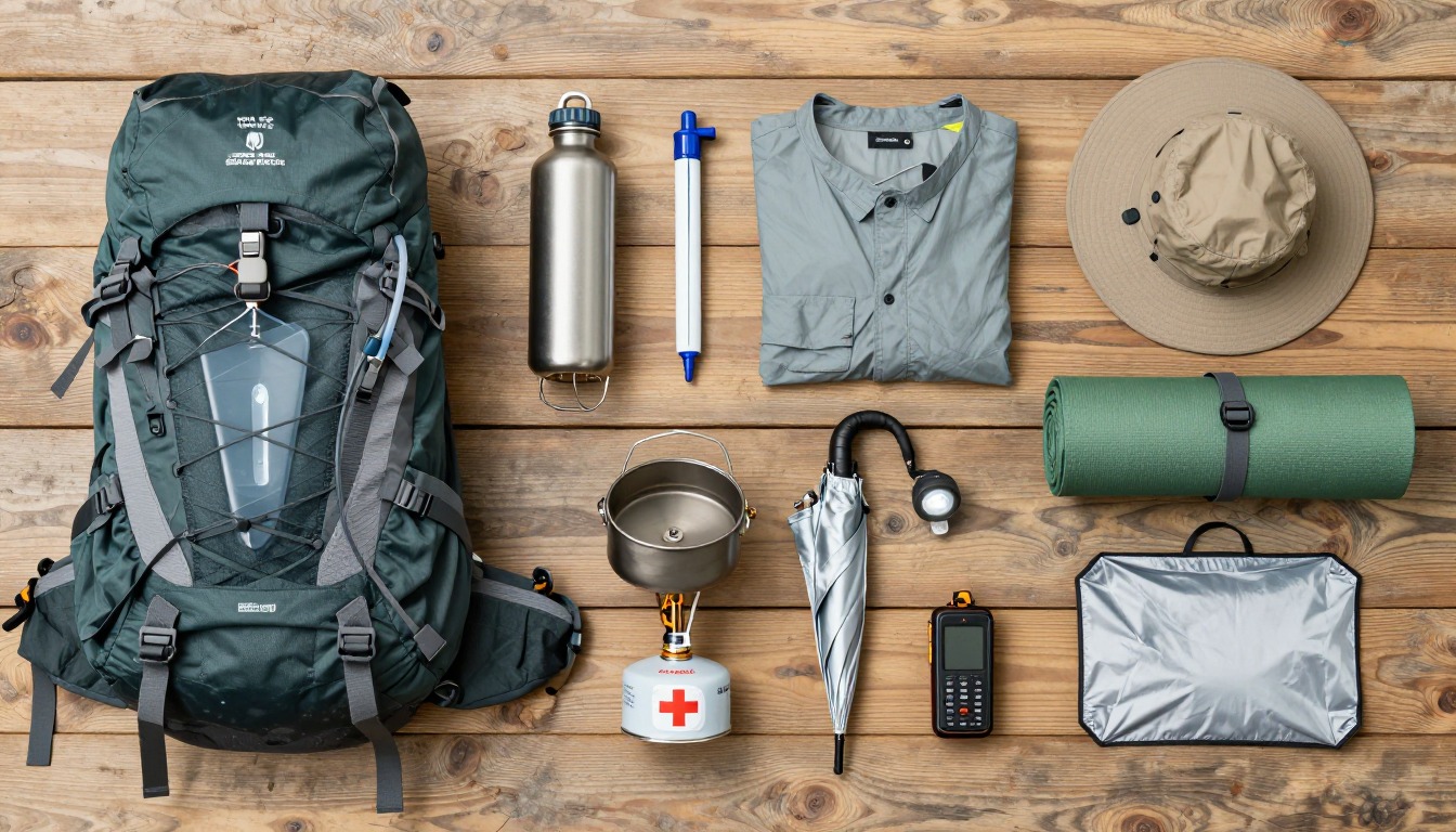 Flat-lay illustration of a complete water-scarce route setup kit