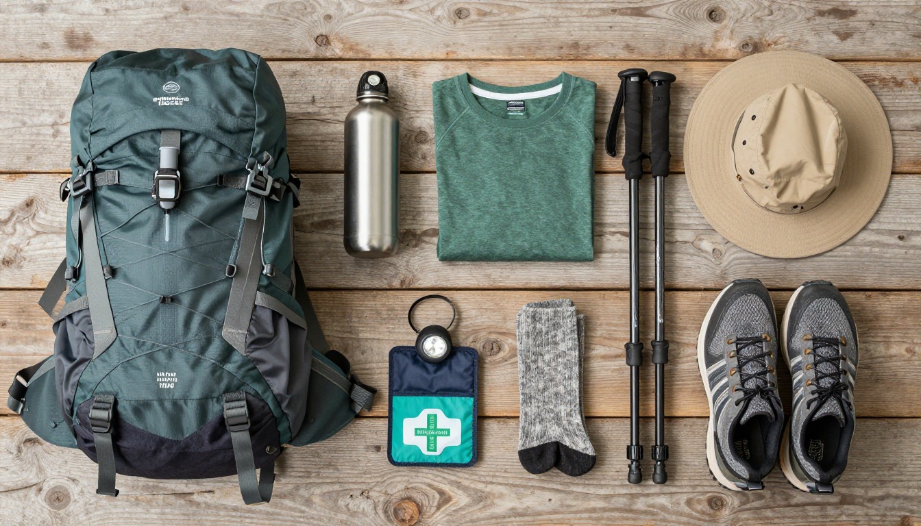 Flat-lay illustration of a complete waterfall & swimming-hole hike setup kit