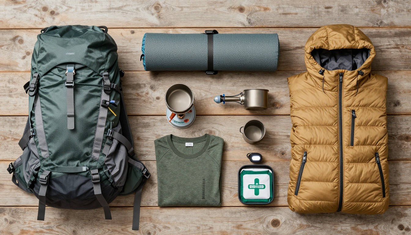 Flat-lay illustration of a complete weekend backpacking packing list kit