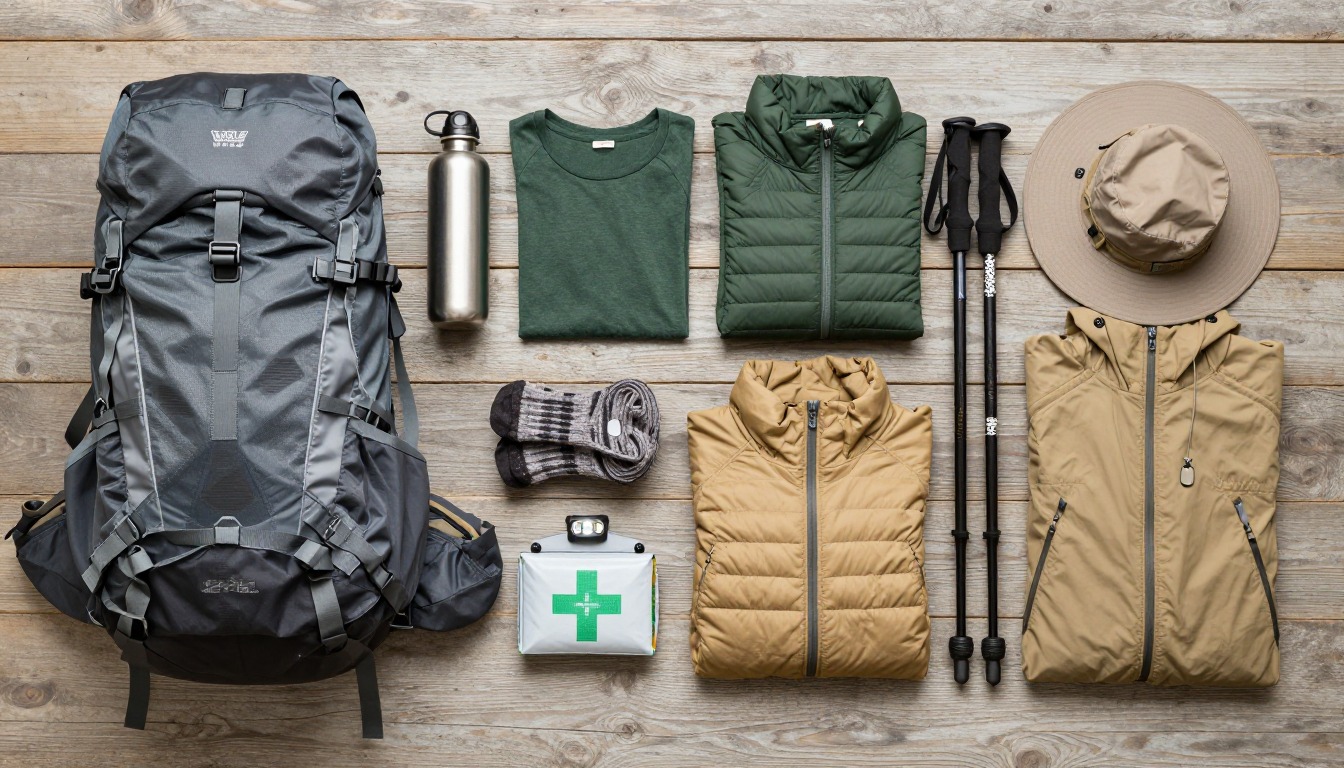 Flat-lay illustration of a complete wellness & yoga retreat hike setup kit