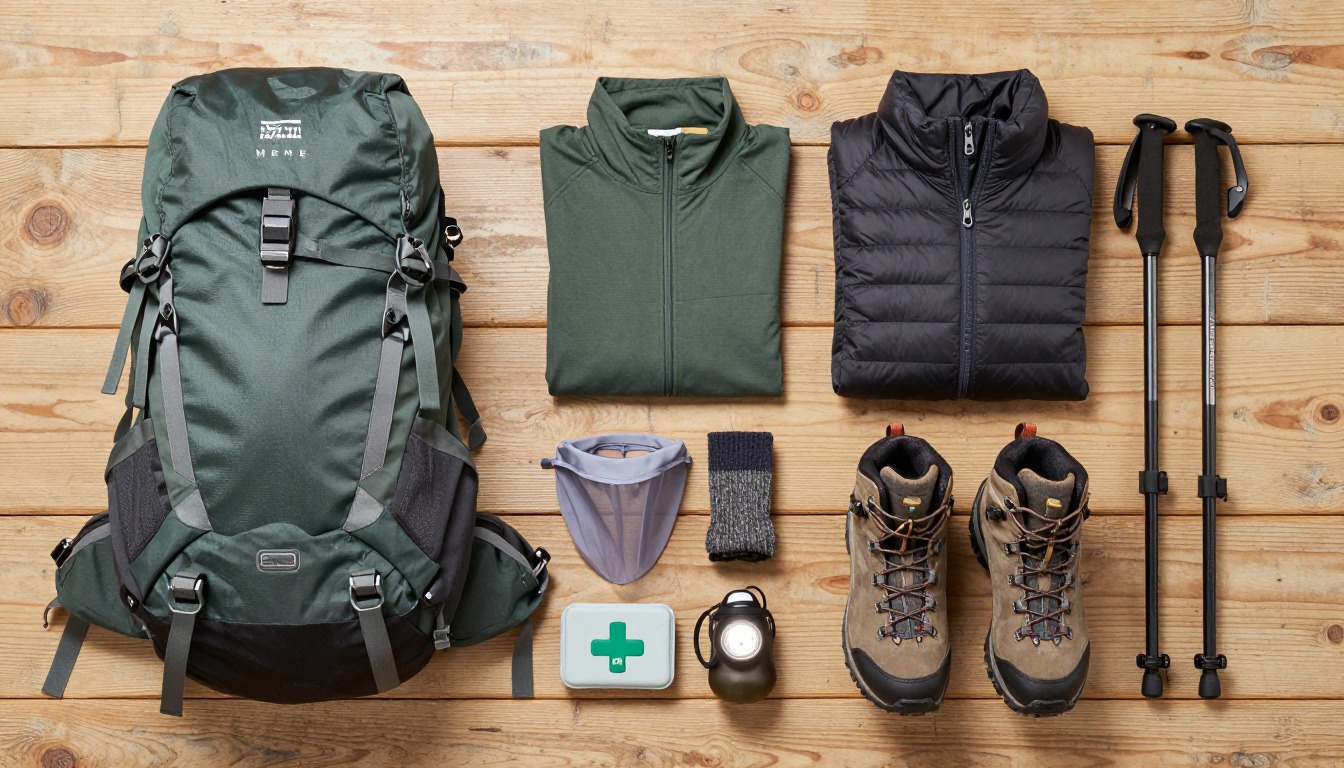 Flat-lay illustration of a complete west highland way setup kit