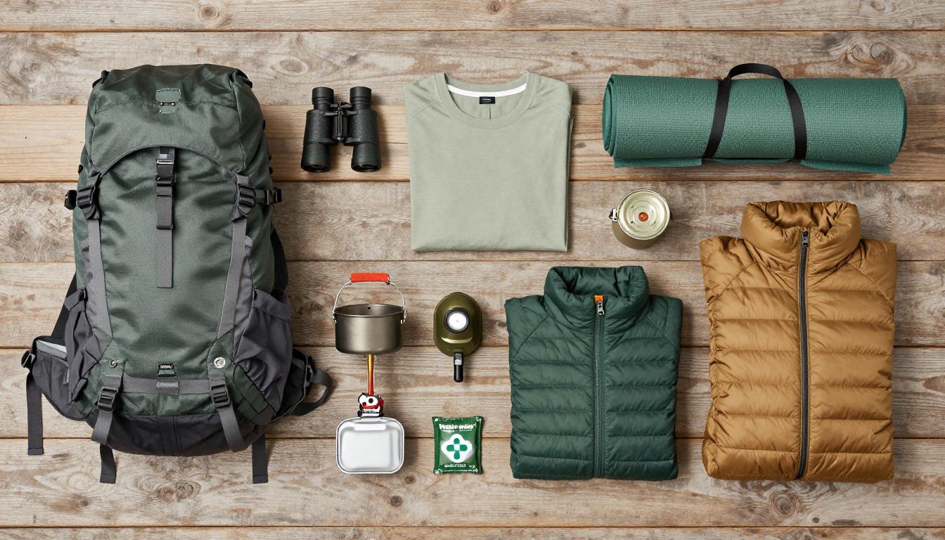 Flat-lay illustration of a complete wildlife-watching backpacking setup kit