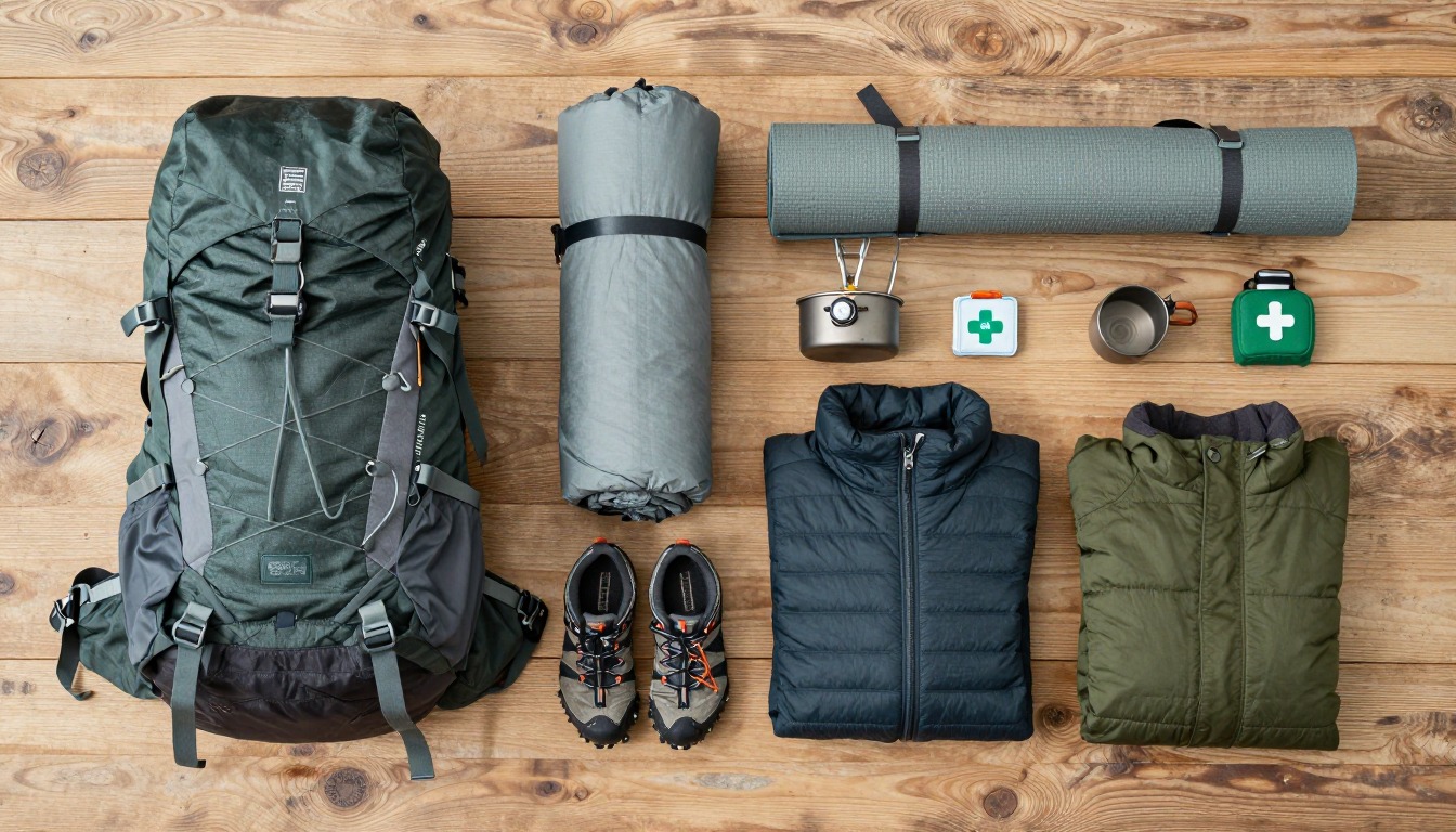 Flat-lay illustration of a complete winter backpacking setup kit