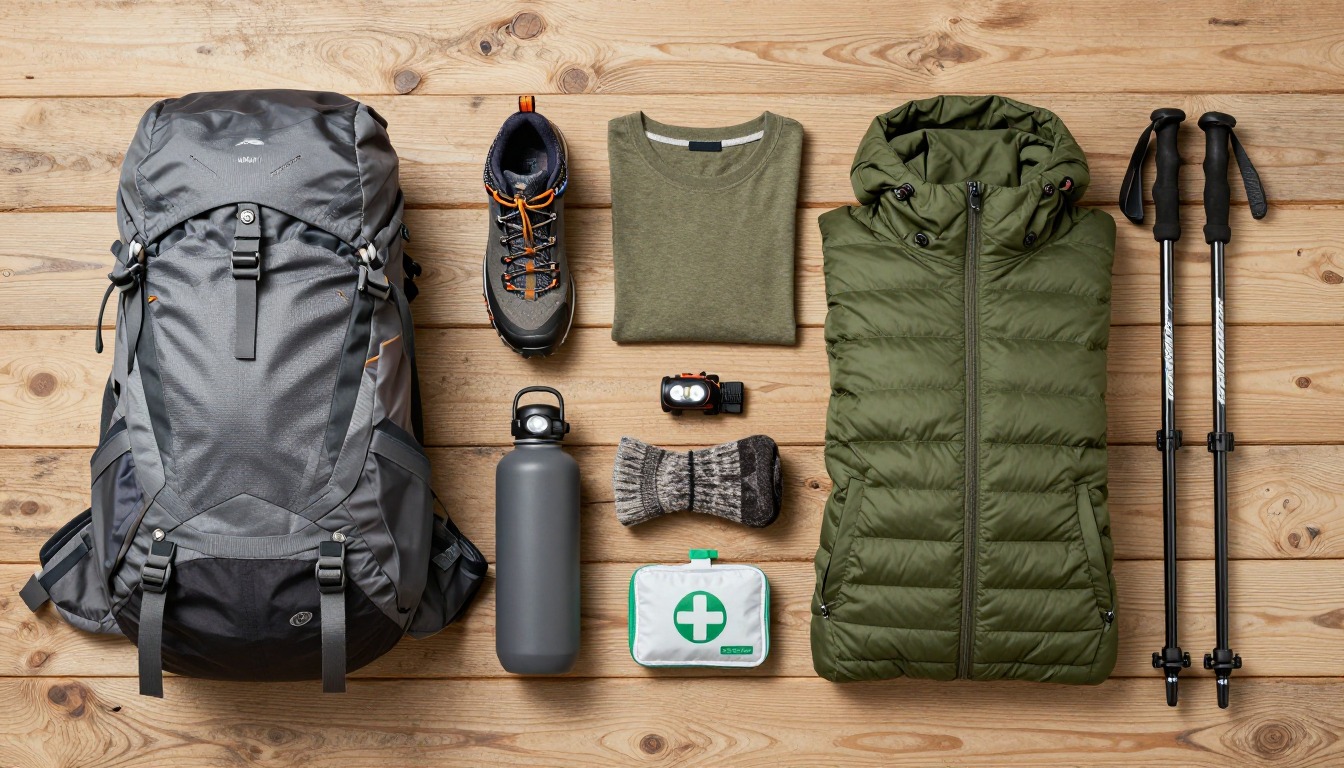 Flat-lay illustration of a complete winter day hike setup kit