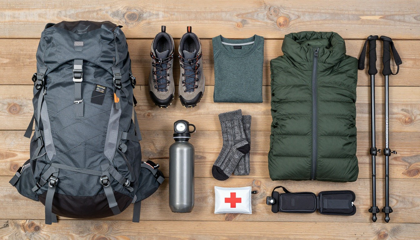 Flat-lay illustration of a complete winter hut trip setup kit