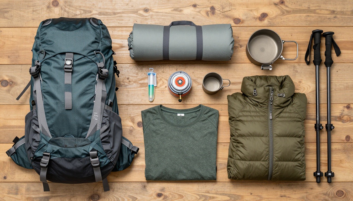 Flat-lay illustration of a complete women's backpacking setup kit