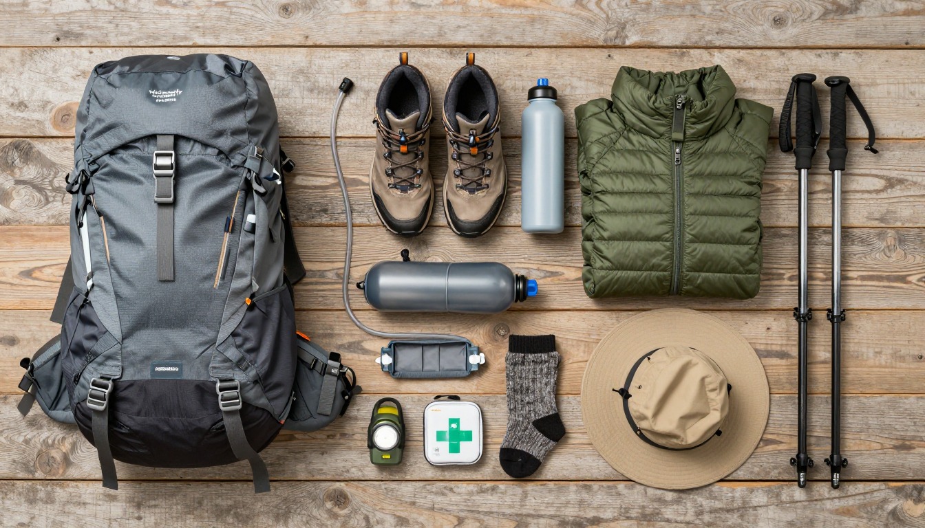 Flat-lay illustration of a complete women's day hike setup kit