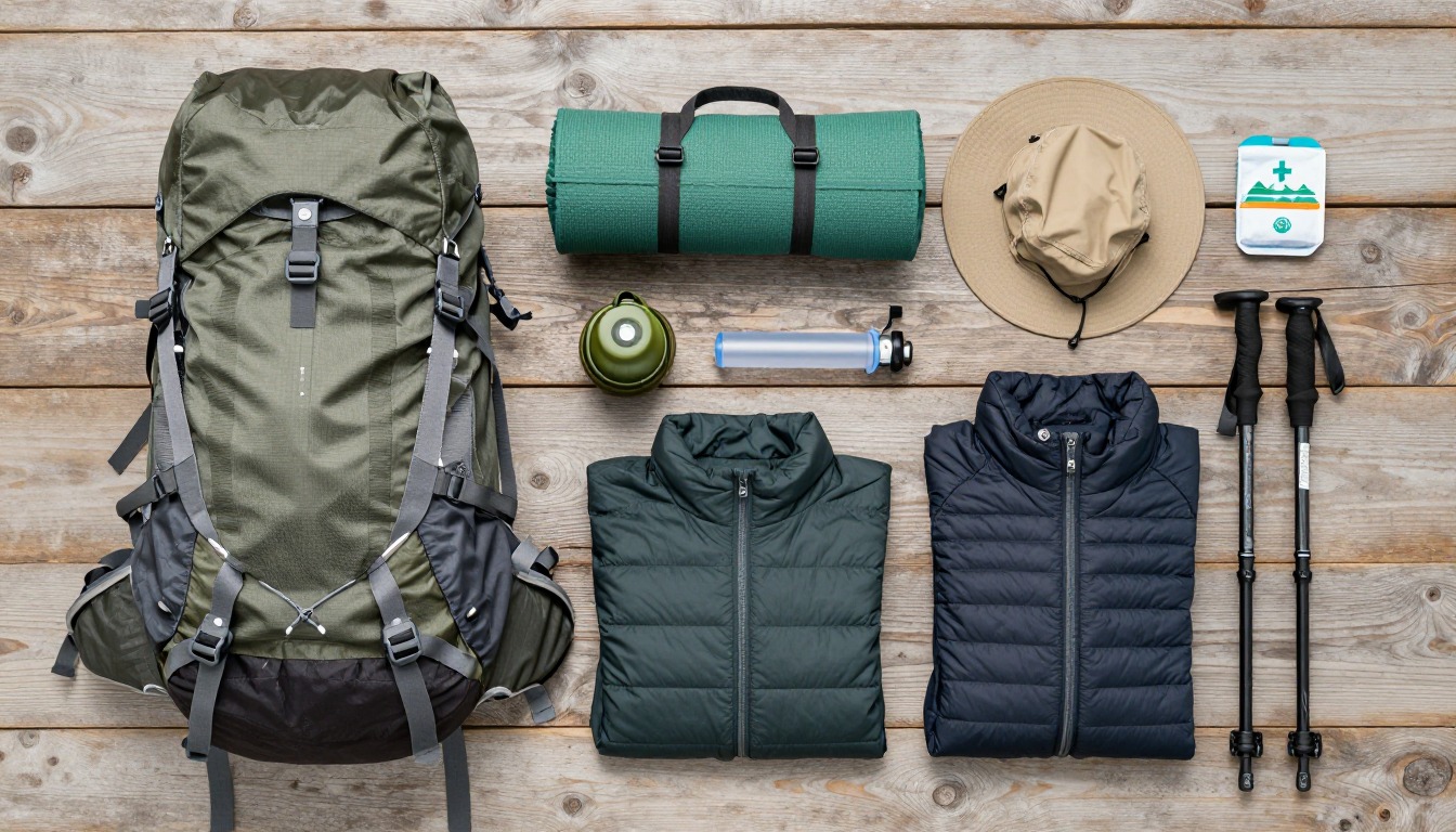 Flat-lay illustration of a complete yosemite backpacking setup kit