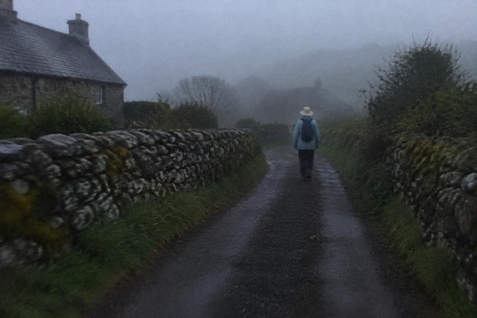 An older walker in a cotton hat seen from behind going down a lane