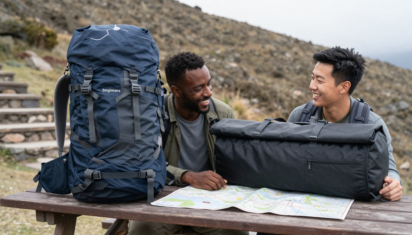 a beginner hiking backpacks being worn and fitted, the load riding correctly on the hips