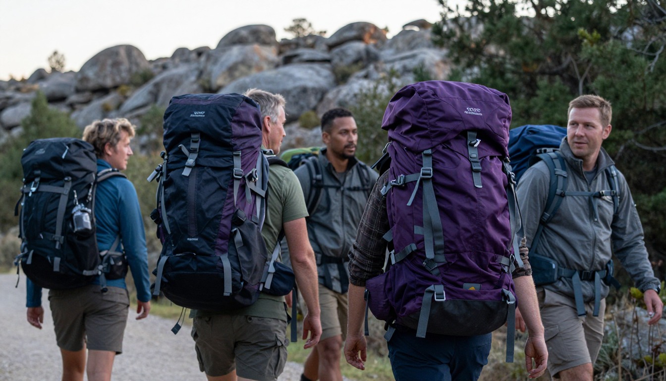 two hikers of different heights, each fitted with a differently-sized pack two hikers of different heights, each fitted with a differently-sized pack