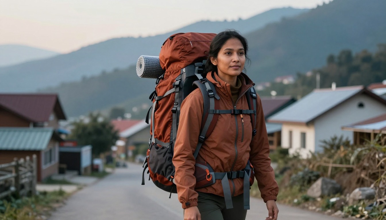 a well-used premium internal-frame backpack propped against a boulder, brandless styling
