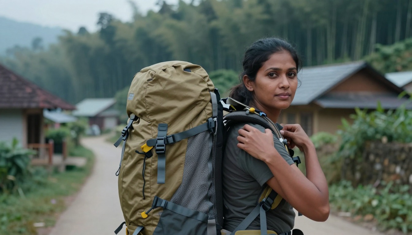 a step demonstrating: How to attach a tent to a backpack, hands and gear only, no face
