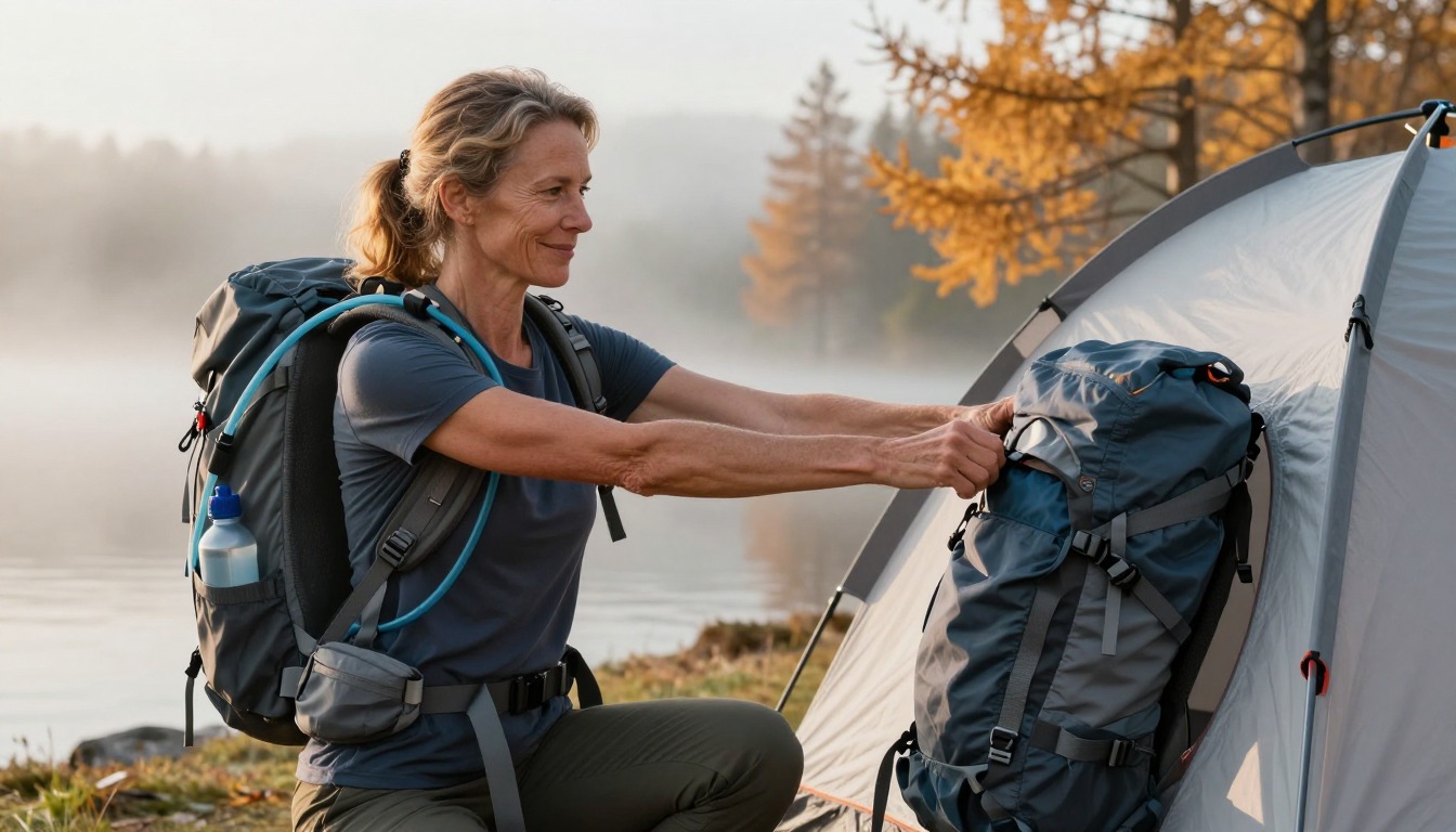 a step demonstrating: How to attach a water bottle to a backpack, hands and gear only, no face