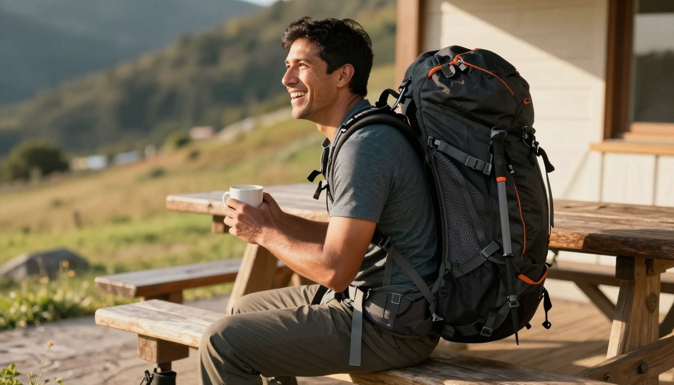 a step demonstrating: How to carry trekking poles on a backpack, hands and gear only, no face a step demonstrating: How to carry trekking poles on a backpack, hands and gear only, no face
