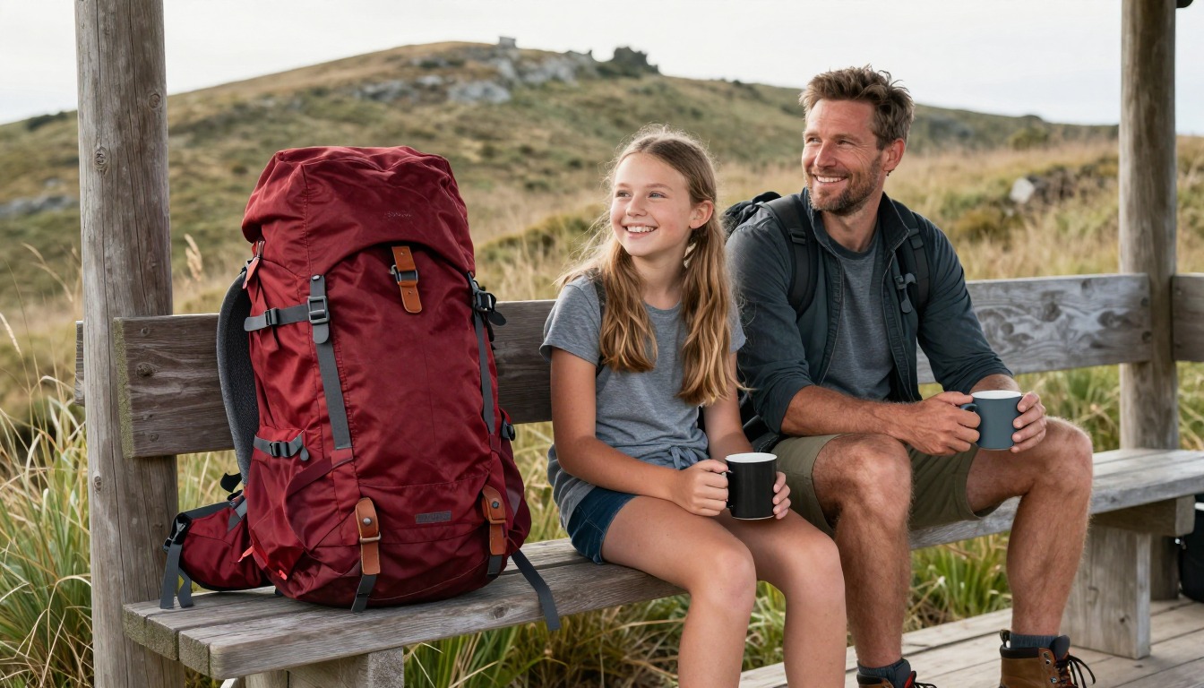 a clear illustrative close-up answering: What is the average hiking backpack size