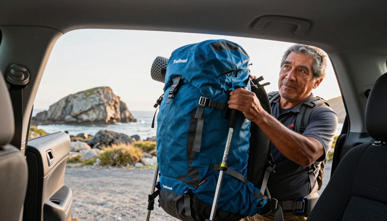 a hiker demonstrating adjusting your pack on a loaded pack, torso and hands only, no face
