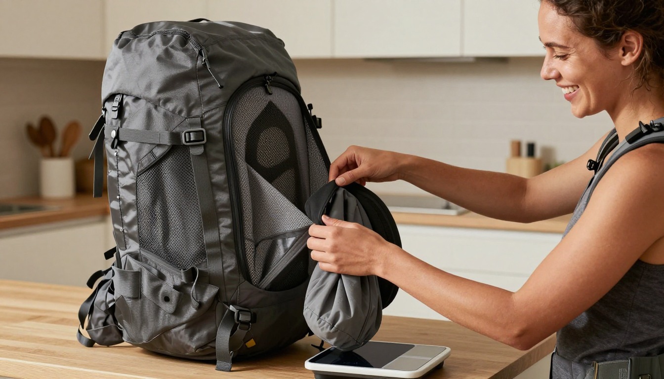 a hiker demonstrating choosing capacity on a loaded pack, torso and hands only, no face a hiker demonstrating choosing capacity on a loaded pack, torso and hands only, no face
