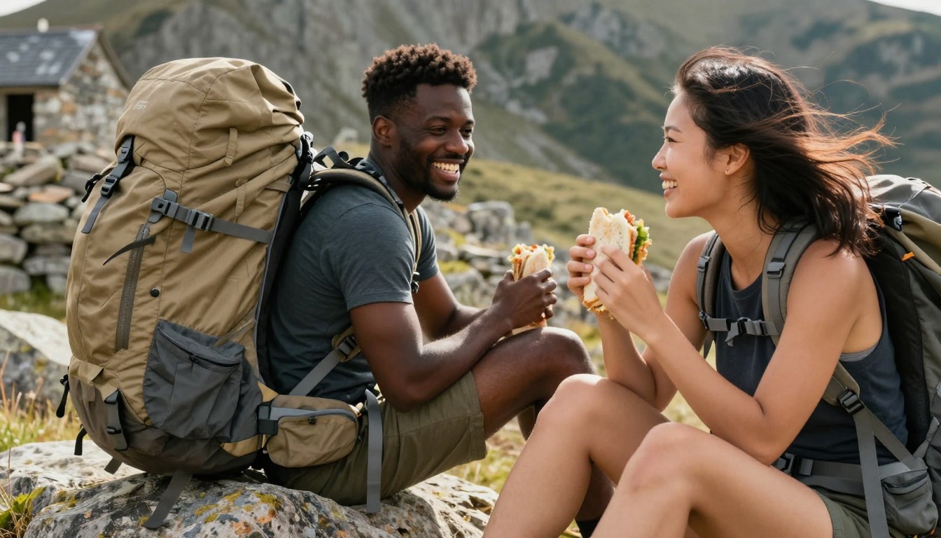 a hiker demonstrating measuring torso & hips on a loaded pack, torso and hands only, no face a hiker demonstrating measuring torso & hips on a loaded pack, torso and hands only, no face