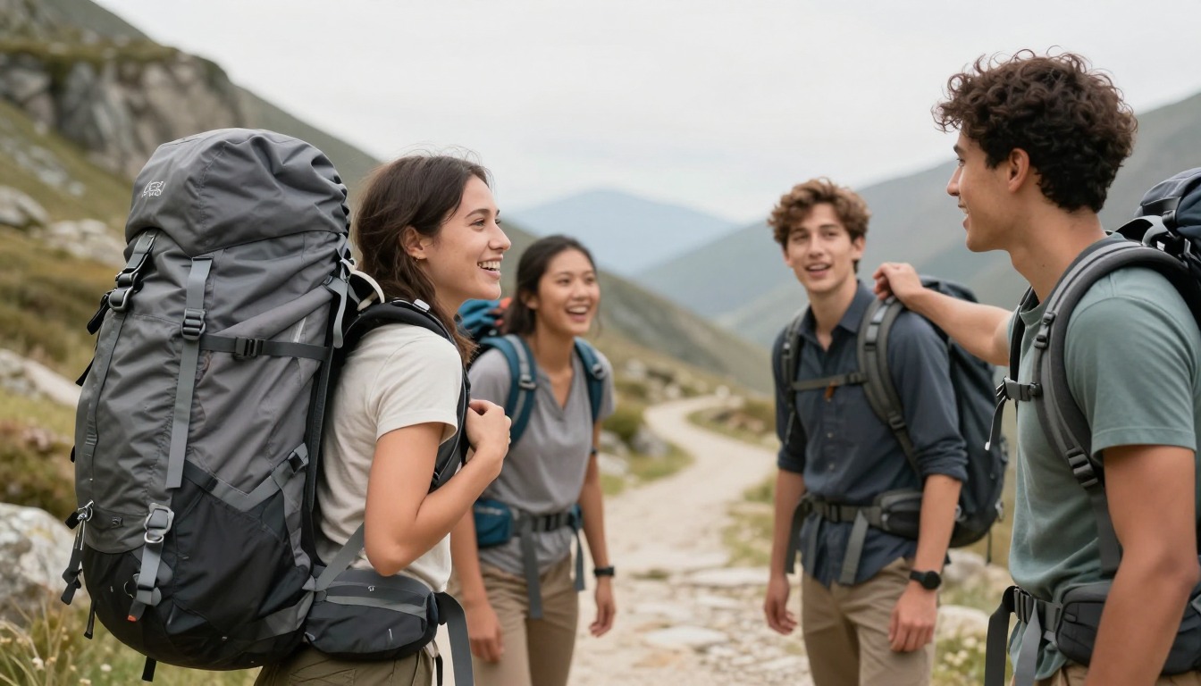 a hiker demonstrating pack weight & base weight on a loaded pack, torso and hands only, no face a hiker demonstrating pack weight & base weight on a loaded pack, torso and hands only, no face