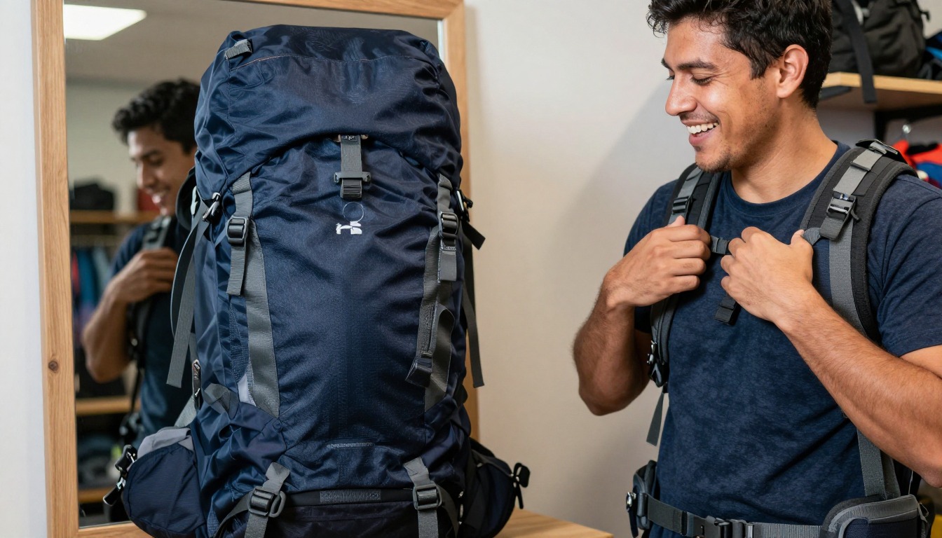 a hiker demonstrating packing & load order on a loaded pack, torso and hands only, no face a hiker demonstrating packing & load order on a loaded pack, torso and hands only, no face