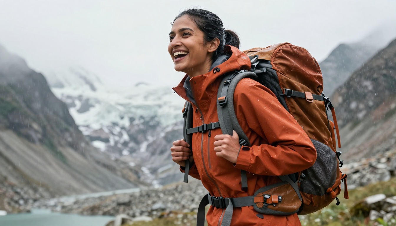 a hiker demonstrating women's fit guide on a loaded pack, torso and hands only, no face a hiker demonstrating women's fit guide on a loaded pack, torso and hands only, no face