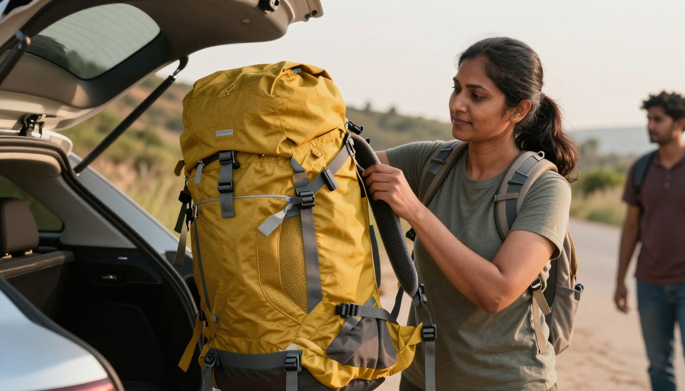 a methodical comparison bench with several backpacks, a luggage scale and a measuring tape laid out a methodical comparison bench with several backpacks, a luggage scale and a measuring tape laid out