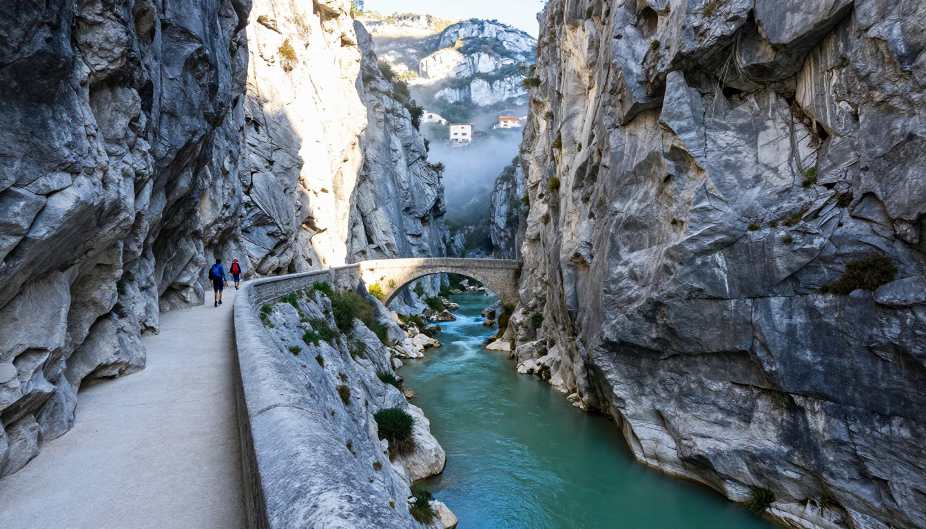 Illustration evoking Cares Gorge — Picos de Europa