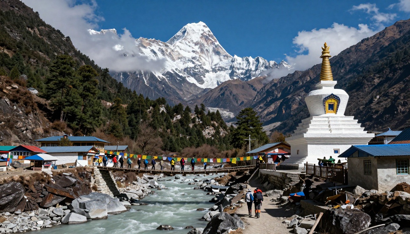 Illustration evoking Everest Base Camp — Namche & Tengboche