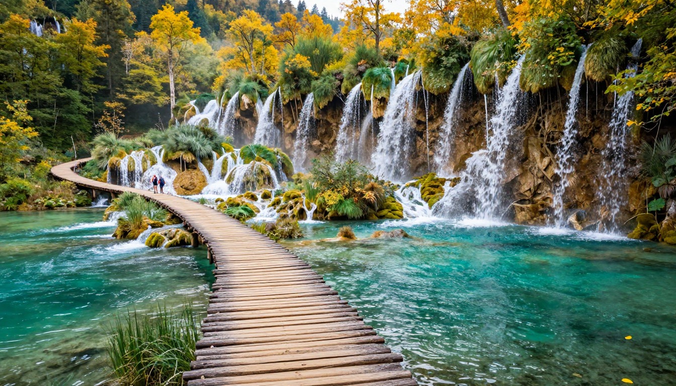 Illustration evoking Plitvice Lakes