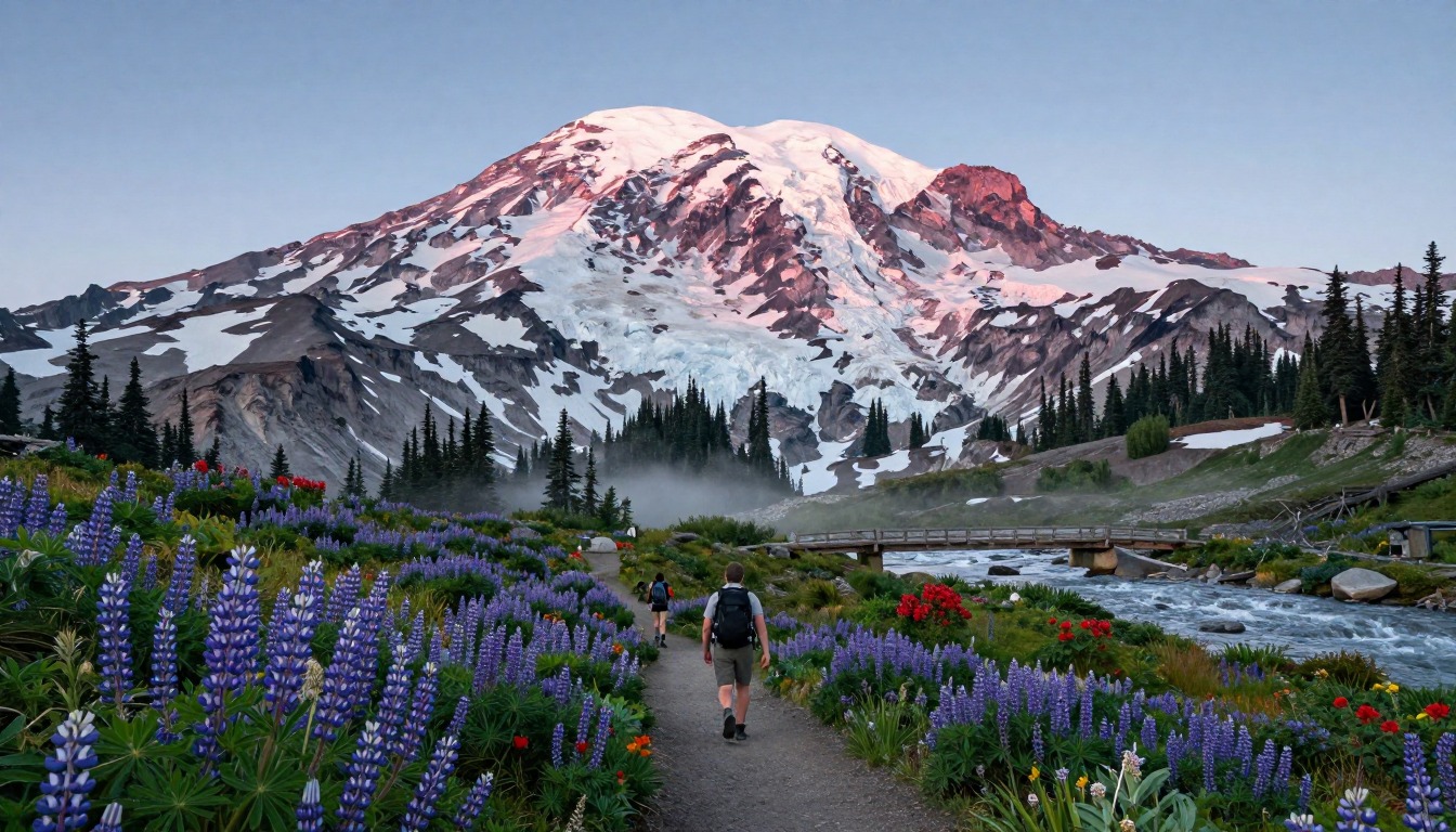 Illustration evoking Wonderland Trail — Mount Rainier